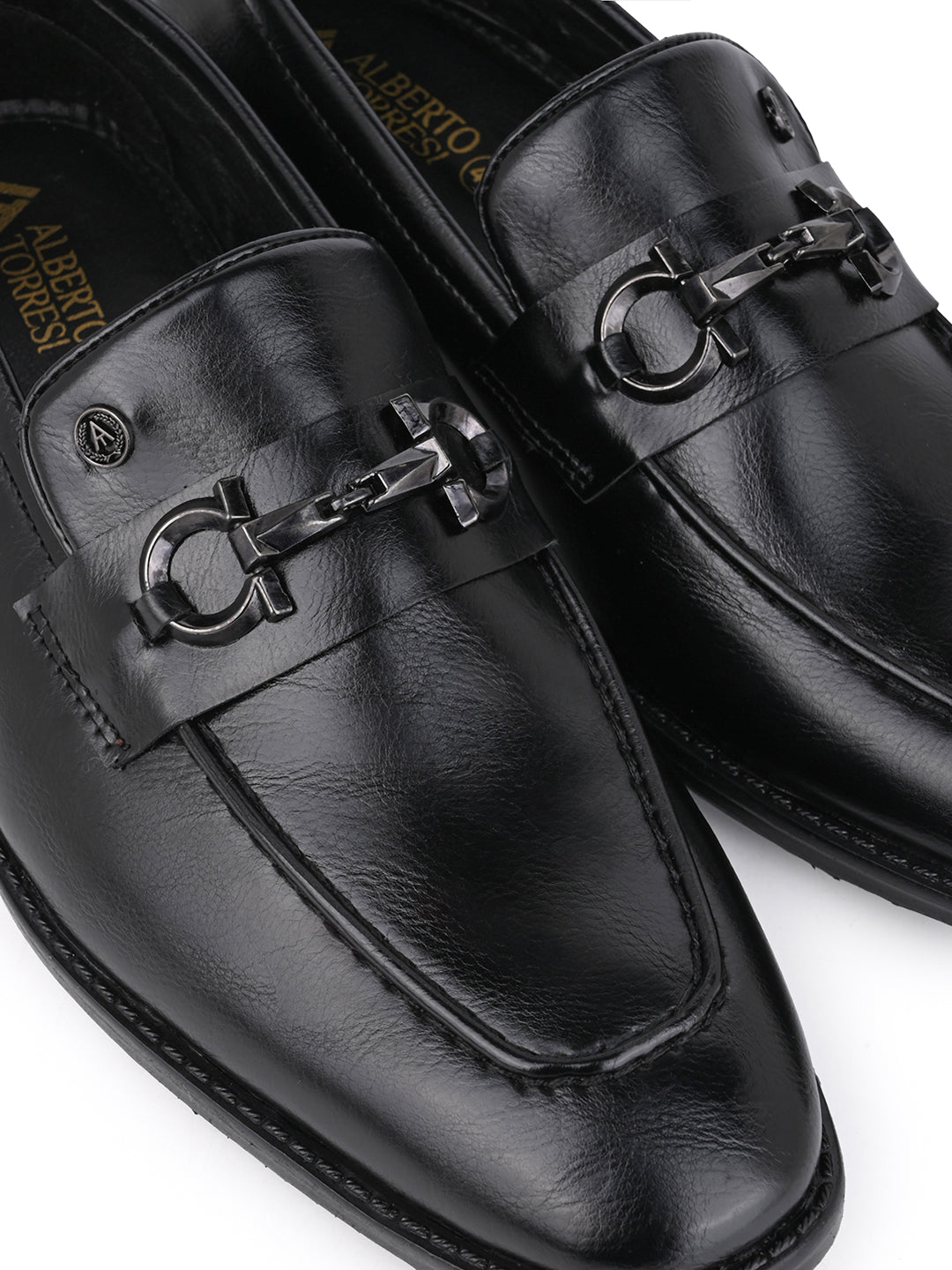 Men Black Synthetic Leather Slip-On Loafers with Metallic Horsebit Buckle