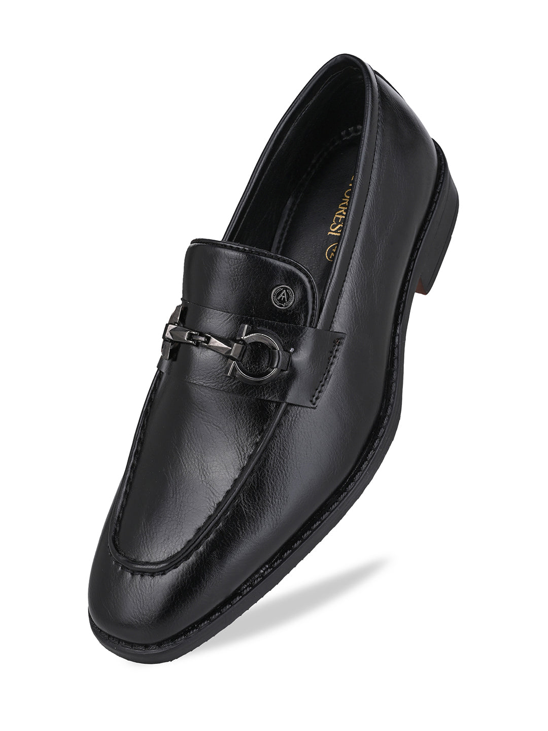 Men Black Synthetic Leather Slip-On Loafers with Metallic Horsebit Buckle