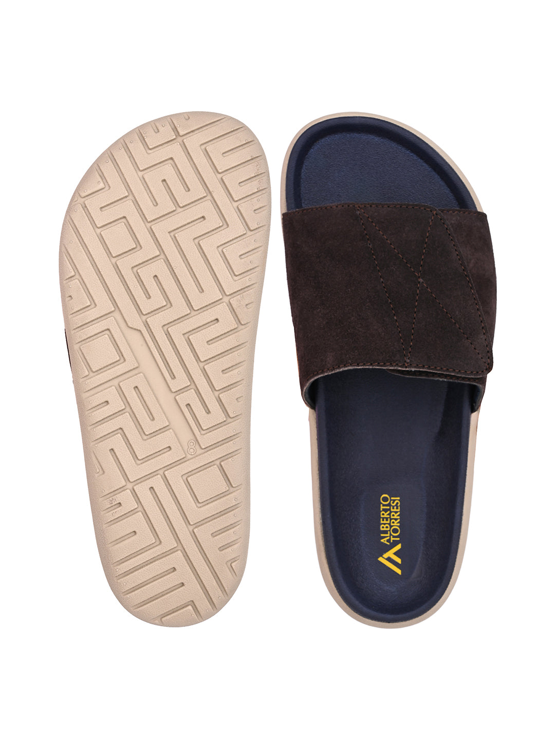 ALBERTO TORRESI Men Brown Suede Leather Adjustable Velcro Strap Comfort Slides