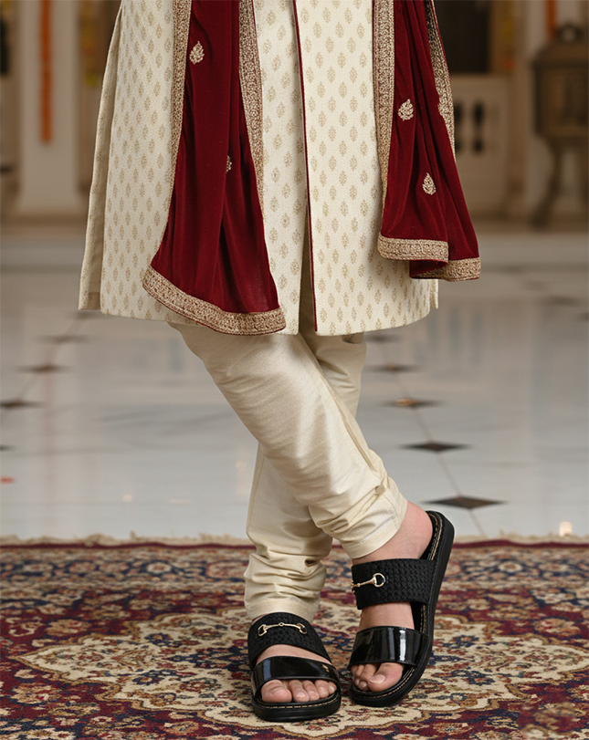 Men’s Black Patent Double Strap Slide Sandals with Metallic Horsebit Detail