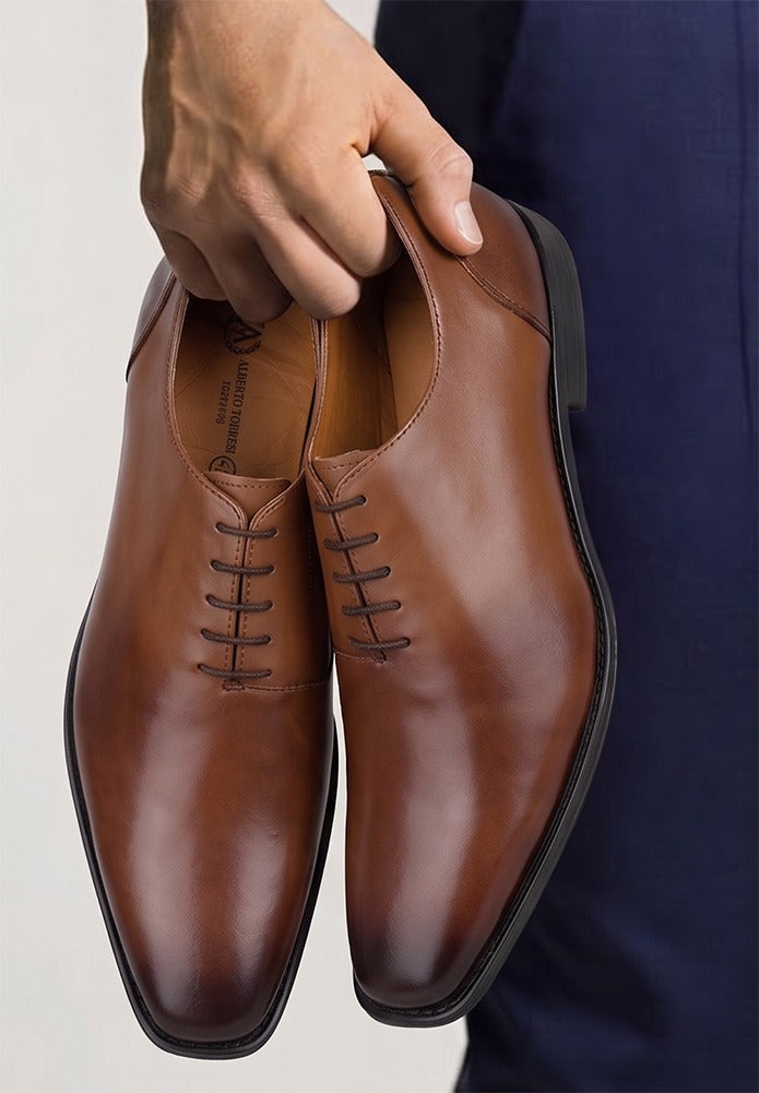 Tan Leather Lace Up Shoes For Men With Sneaker Footpad