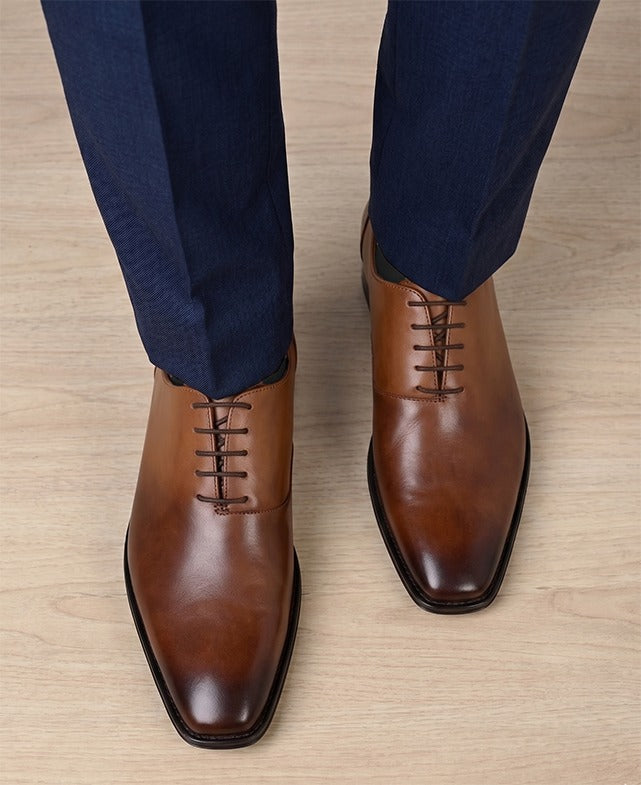Tan Leather Lace Up Shoes For Men With Sneaker Footpad