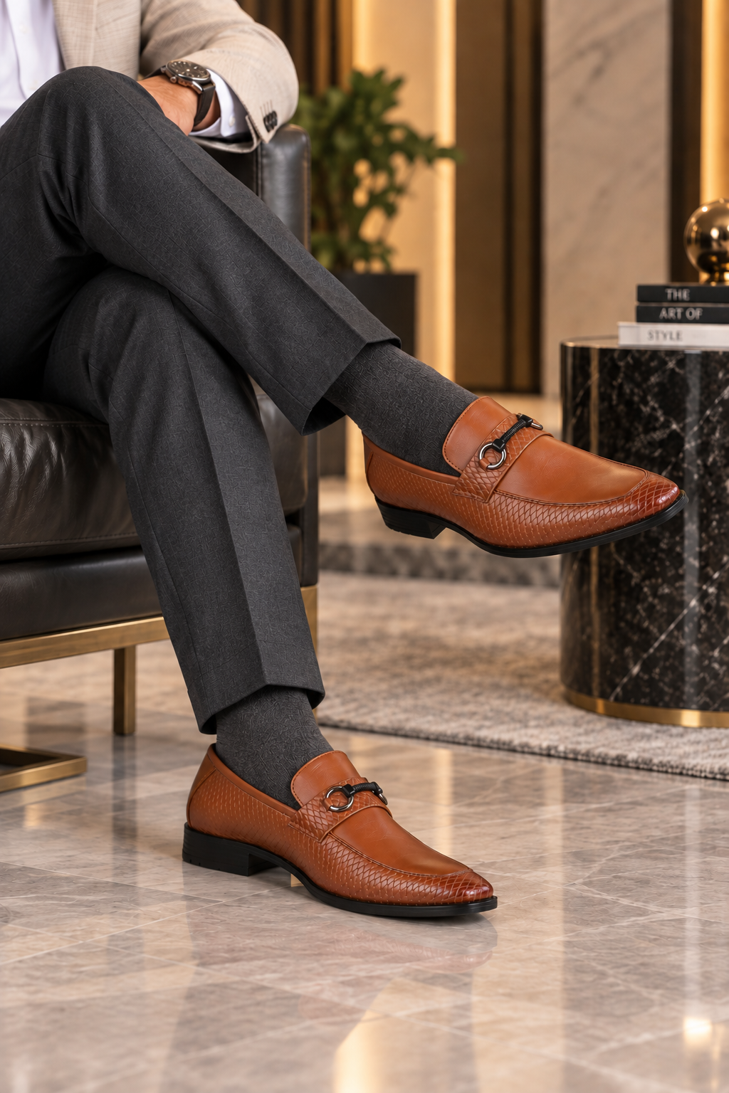 Leone Tan Textured Horsebit Loafers for Men - Formal Slip-On Shoes for Office & Party Wear