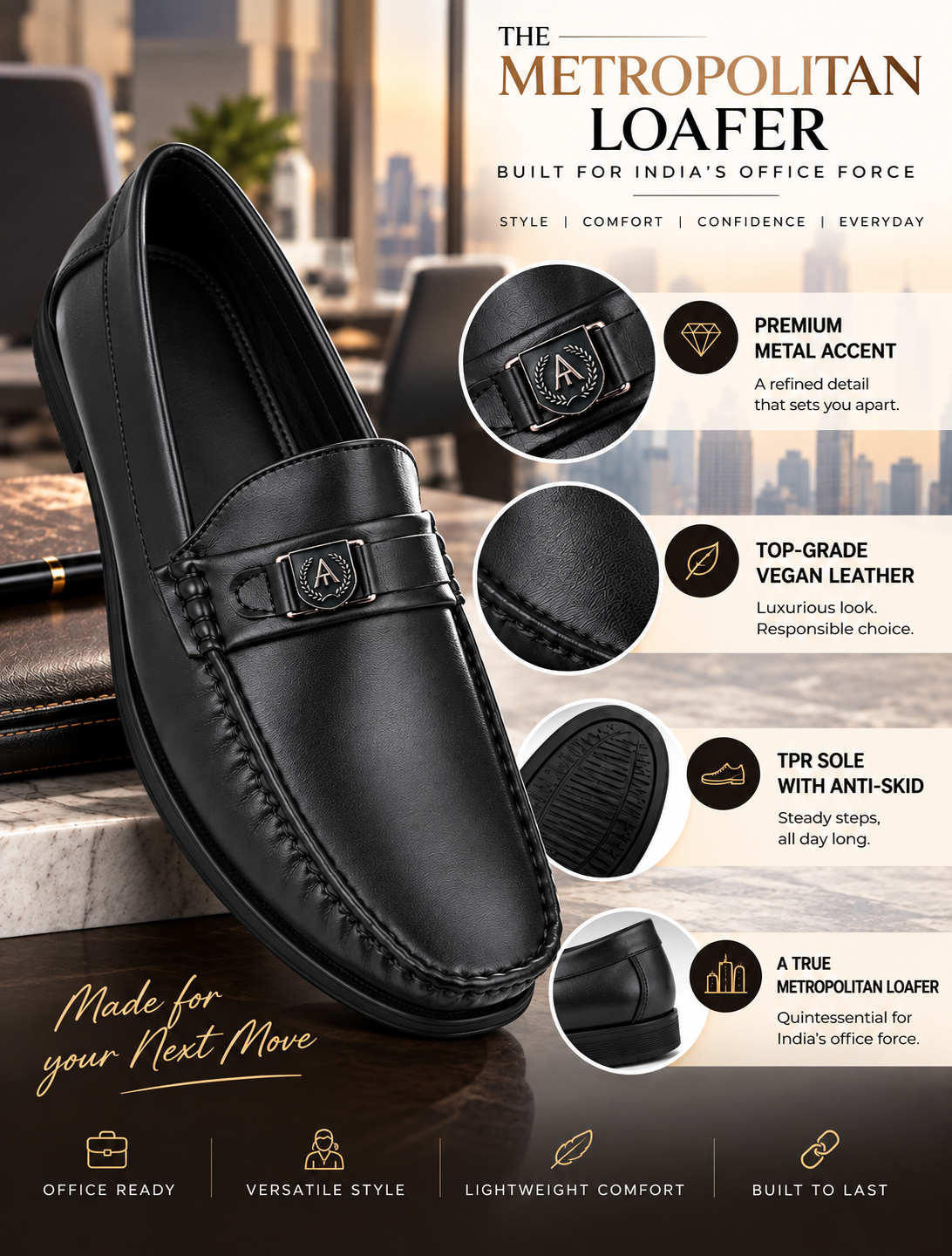 Mavero Black Loafers for Men - Slip-On Shoes with Metallic Crest Detail for Office & Party Wear