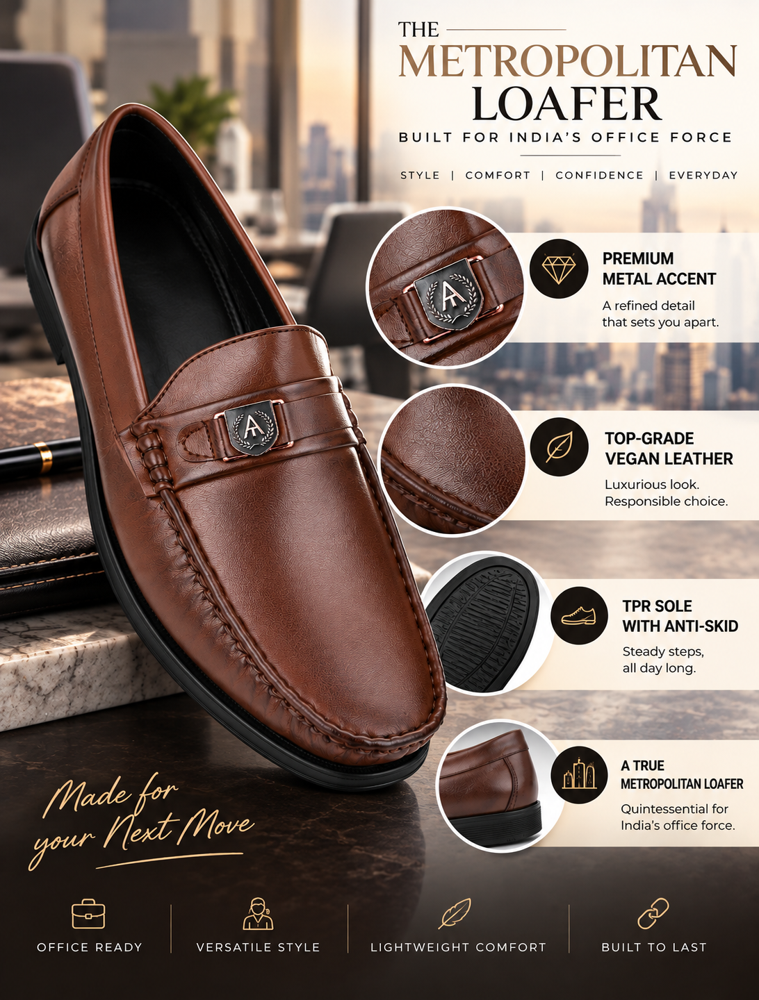 Mavero Tan Loafers for Men - Slip-On Shoes with Metallic Crest Detail for Office & Party Wear