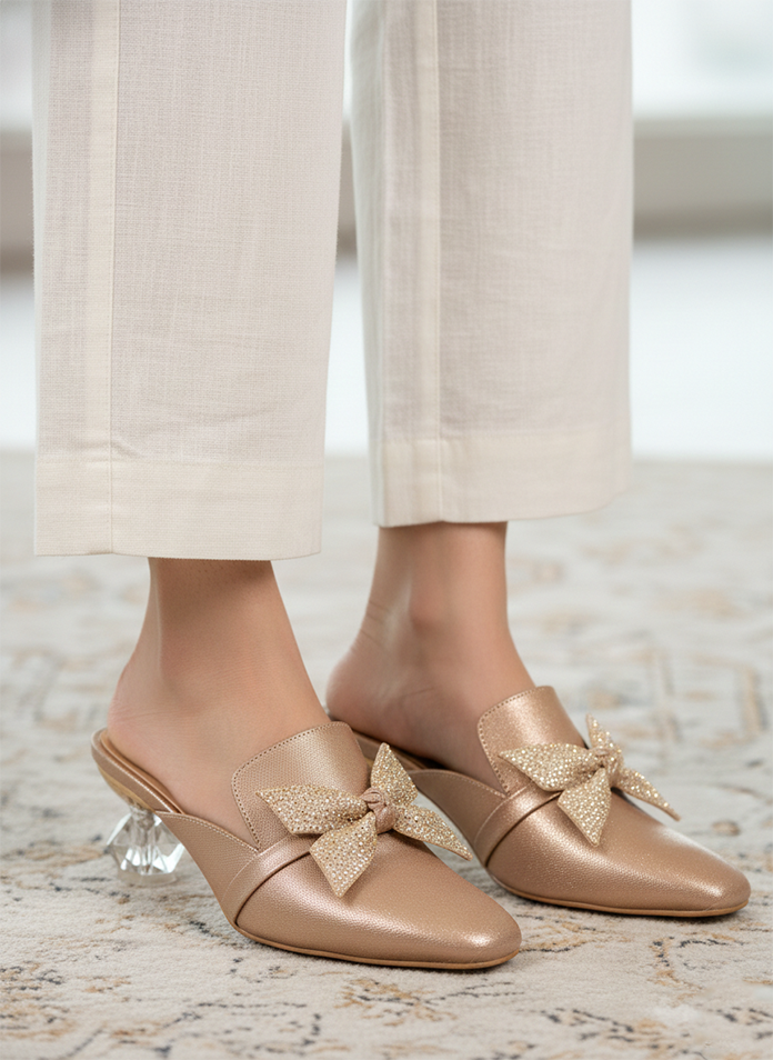 Crystal Bow Block Heels with Diamond-Cut Mule