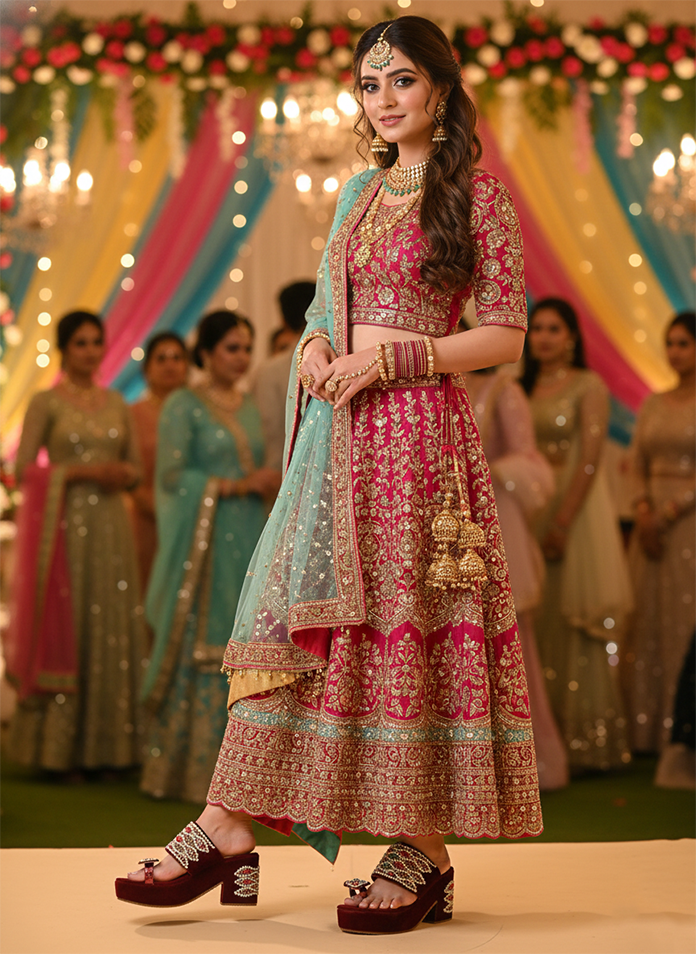 Maroon Velvet Traditional Pearl & Zardosi Platform Sandal