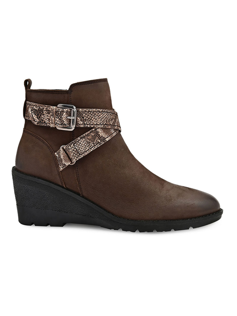 Brown Snake Print Wedge Ankle Boots