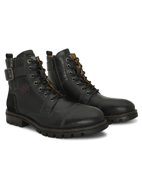 Men Black Cap toe side zipper buckled boots