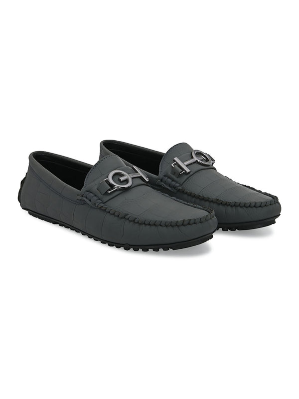 Grey Round Toe Loafer With Metal Accent