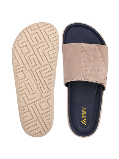 ALBERTO TORRESI Men Beige Suede Leather Adjustable Velcro Strap Comfort Slides