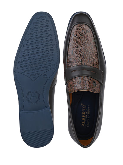 Men Brown &amp; Bordo Textured Leather Slip-On Penny Loafers with TPR Sole