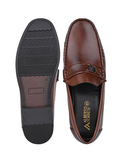 Men Smooth Tan Finish Faux Leather Slip-On Loafers with Metallic Crest Detail