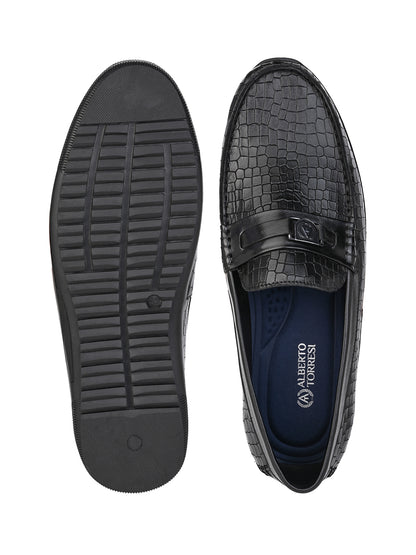 Alberto Torresi Genuine Leather Black Textured Loafers For Men