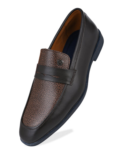 Men Brown &amp; Bordo Textured Leather Slip-On Penny Loafers with TPR Sole