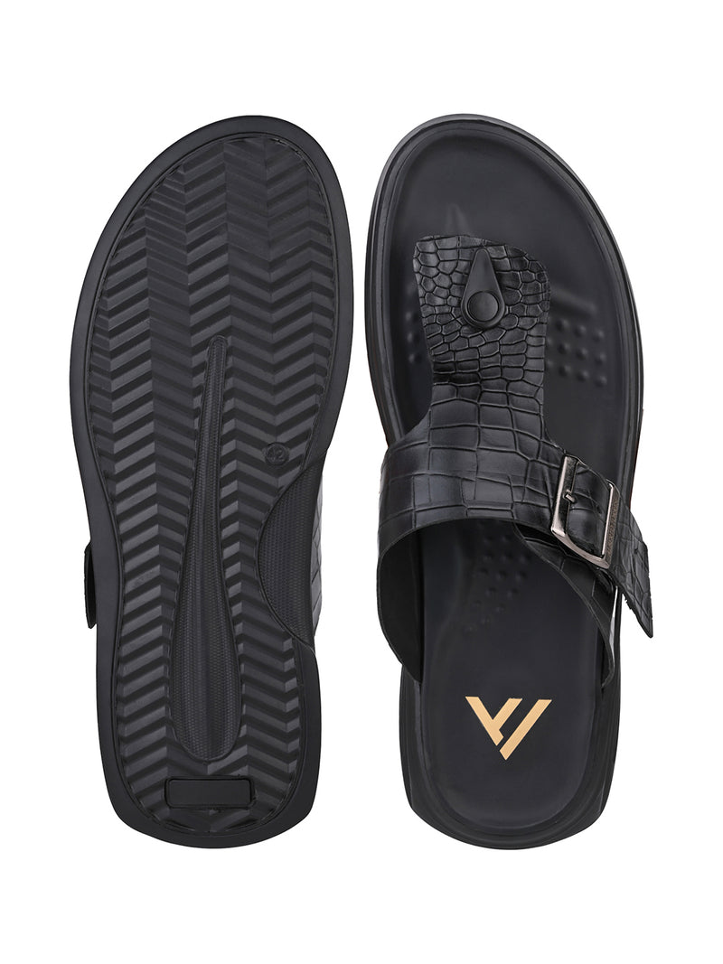 Capri Black Leather Thong Slippers for Men - Adjustable Buckle Slippers for Casual & Everyday Wear