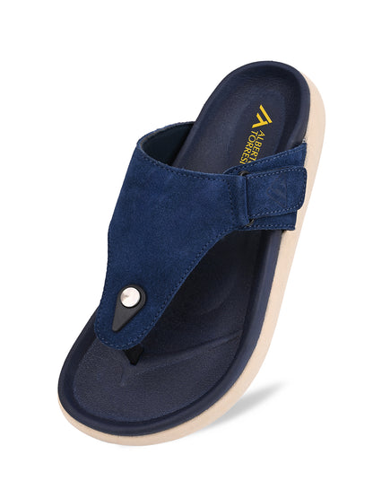 Men Navy Blue Genuine Suede Leather Adjustable T-Strap Comfort Slippers