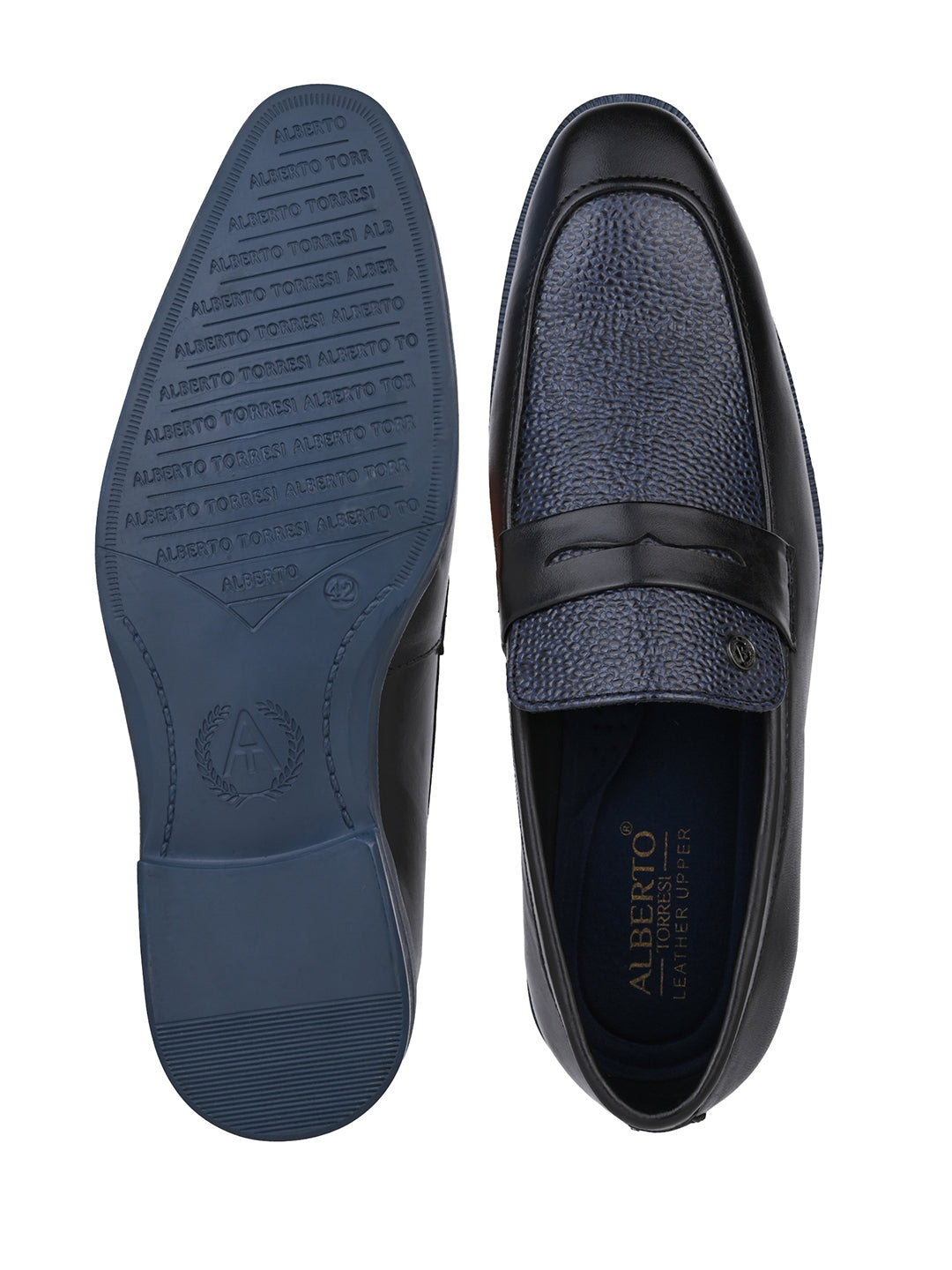 Men Black &amp; Navy Textured Leather Slip-On Penny Loafers with TPR Sole