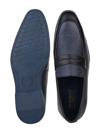 Men Black &amp; Navy Textured Leather Slip-On Penny Loafers with TPR Sole