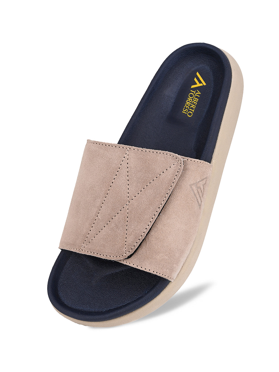 ALBERTO TORRESI Men Beige Suede Leather Adjustable Velcro Strap Comfort Slides