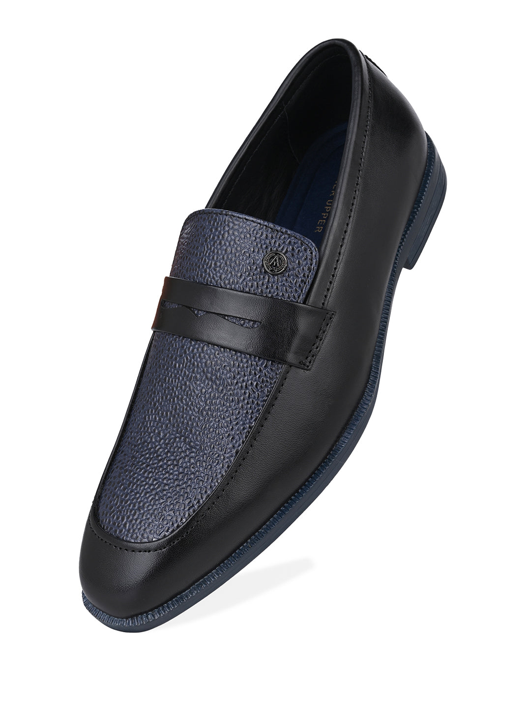 Men Black &amp; Navy Textured Leather Slip-On Penny Loafers with TPR Sole