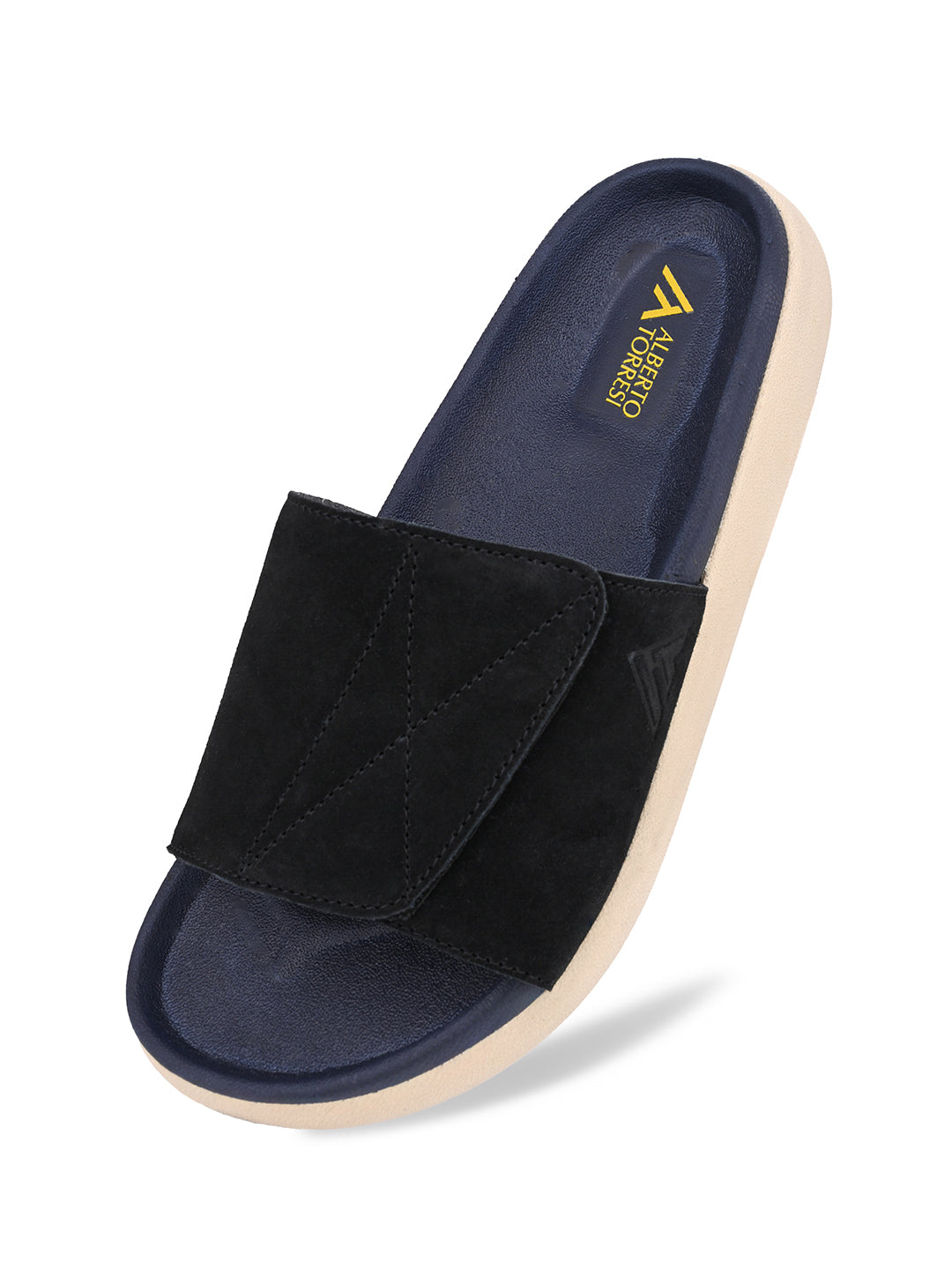 ALBERTO TORRESI Men Black Suede Leather Adjustable Velcro Strap Comfort Slides