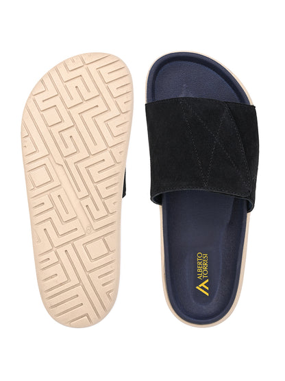 ALBERTO TORRESI Men Black Suede Leather Adjustable Velcro Strap Comfort Slides