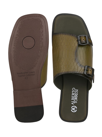 Alberto Torresi Men’s Green Textured Leather Monk-Strap Slide