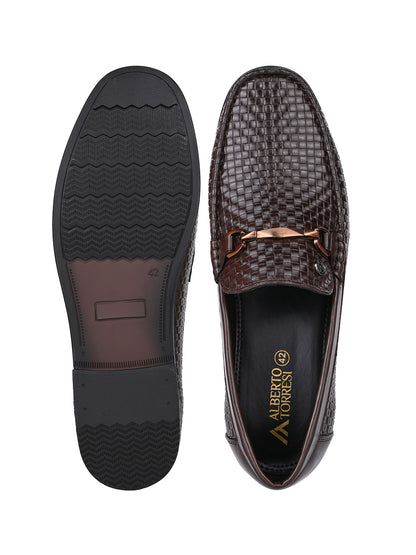 Woven Pattern Brown Faux Leather Slip-On Loafers with Metallic Trim
