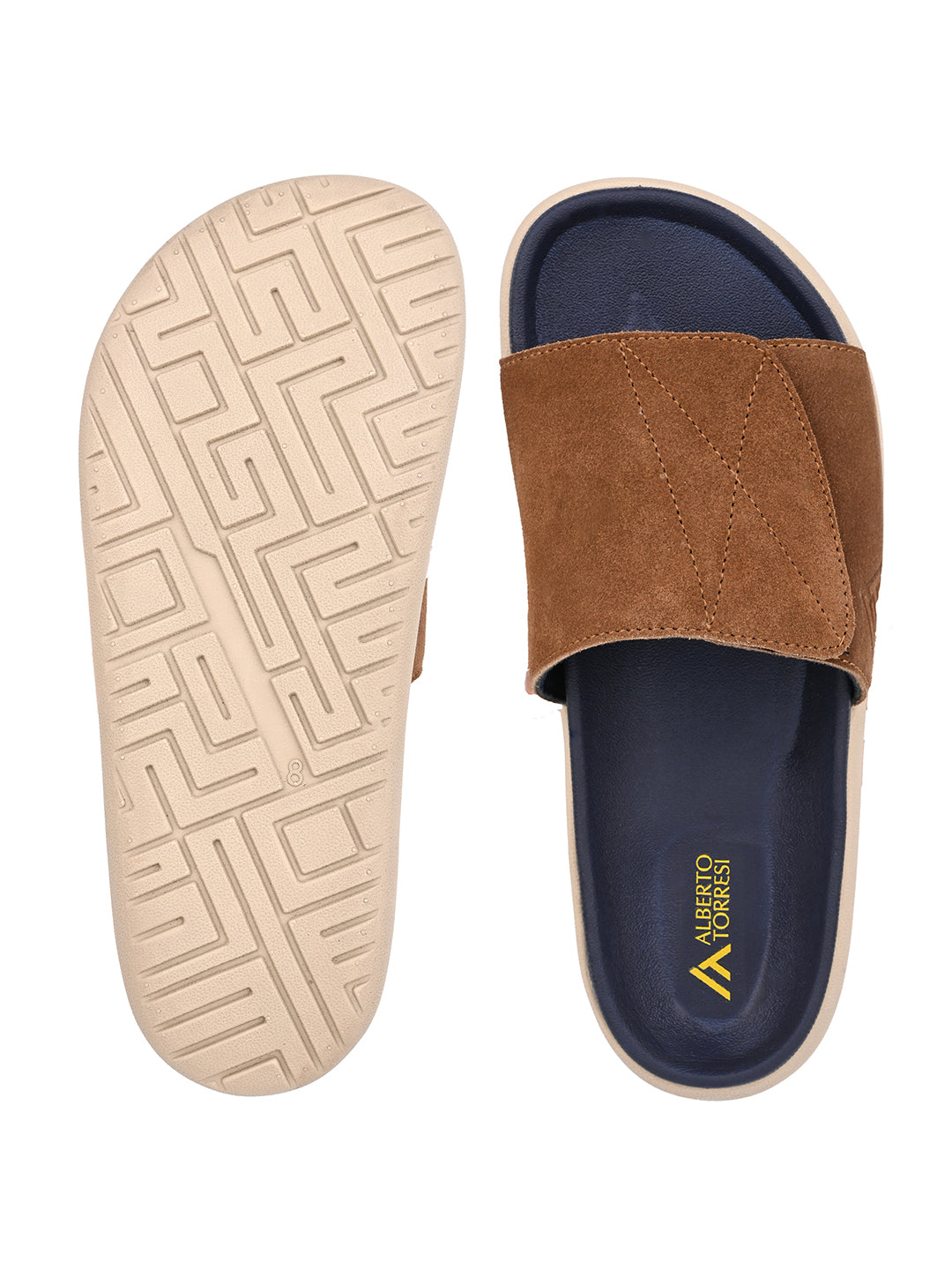 ALBERTO TORRESI Men Tan Suede Leather Adjustable Velcro Strap Comfort Slides