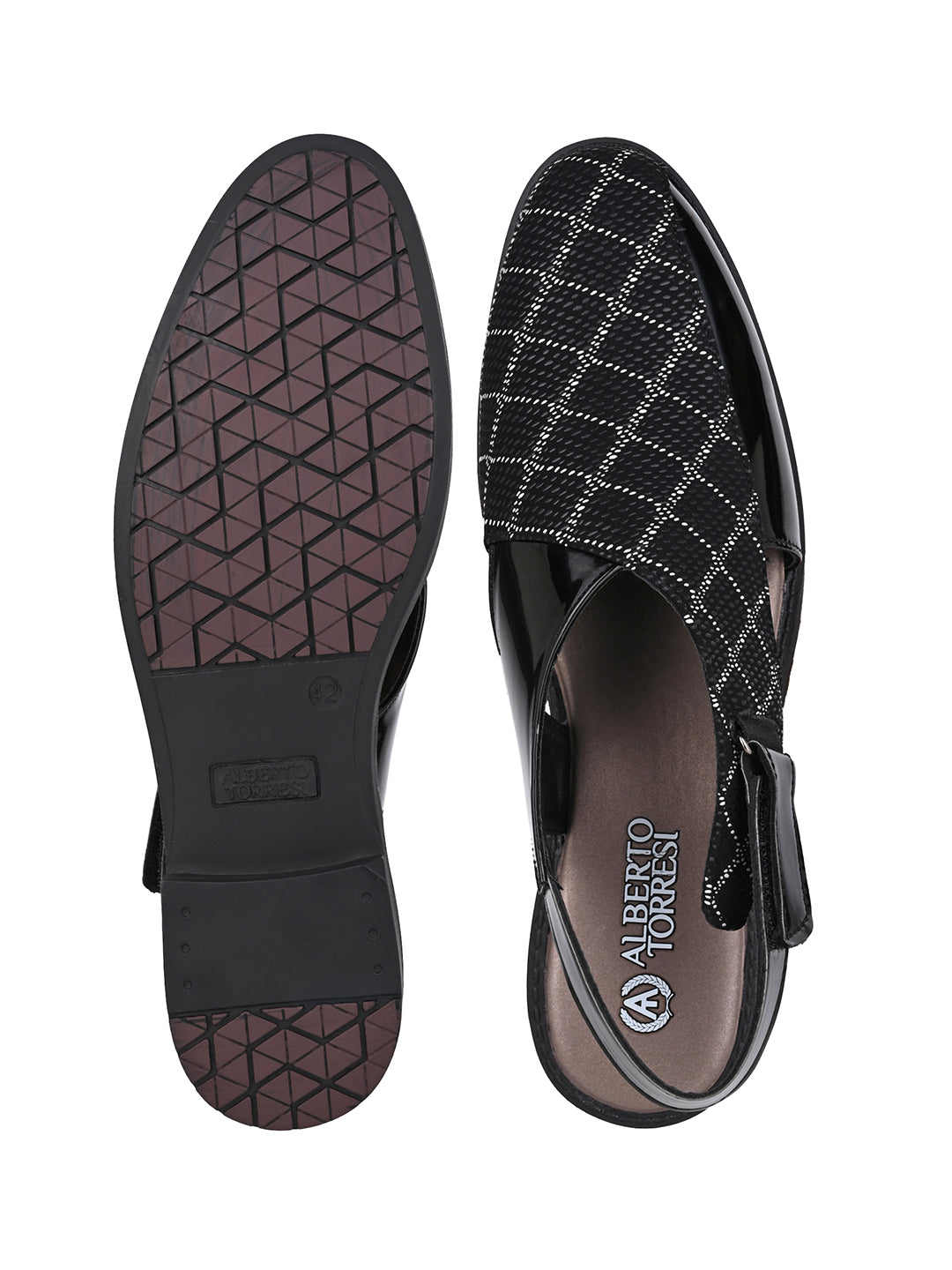 Men Black Checkered Fabric and Patent Synthetic Backstrap Peshawari Sandals