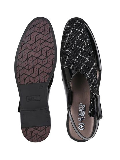 Men Black Checkered Fabric and Patent Synthetic Backstrap Peshawari Sandals