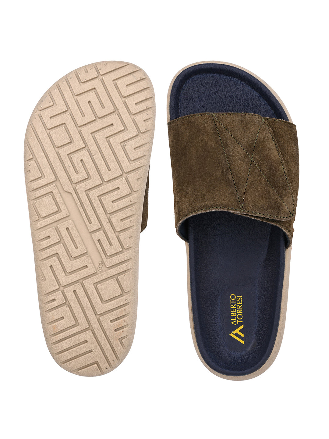 ALBERTO TORRESI Men Olive Suede Leather Adjustable Velcro Strap Comfort Slides