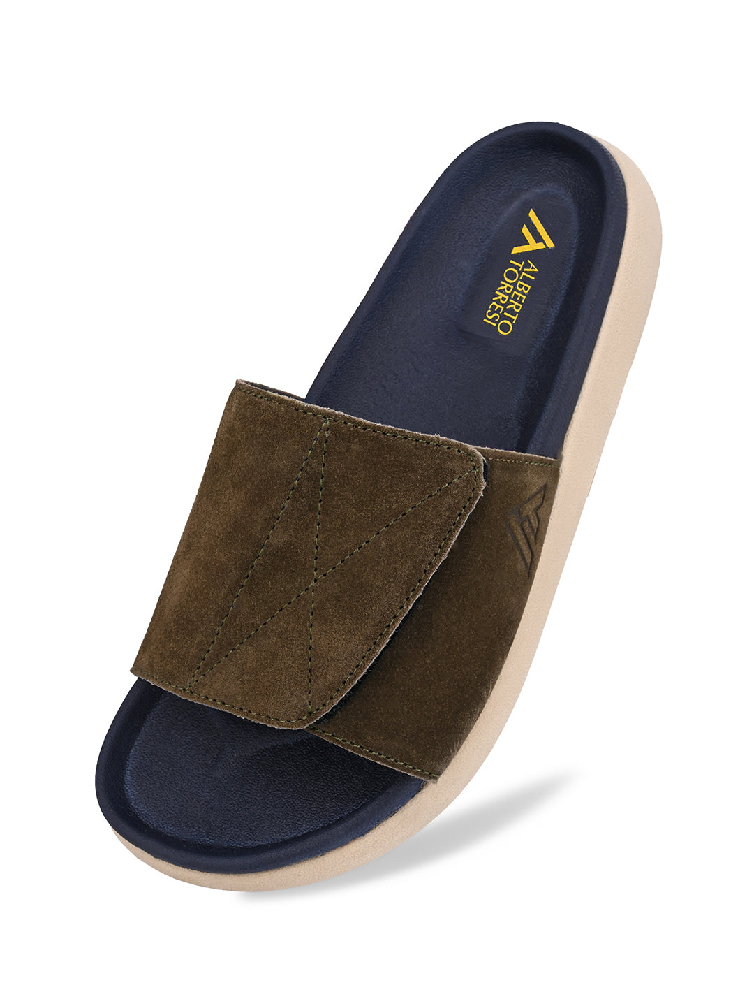 ALBERTO TORRESI Men Olive Suede Leather Adjustable Velcro Strap Comfort Slides