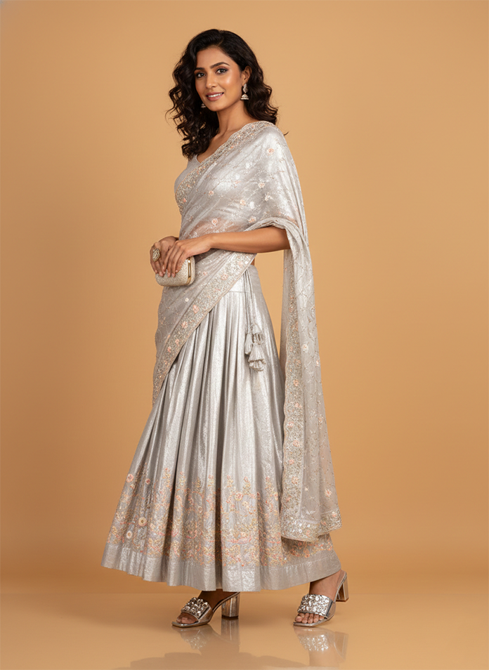 Women’s Silver Metallic Block Heel Mules with Chunky Crystal Embellishments