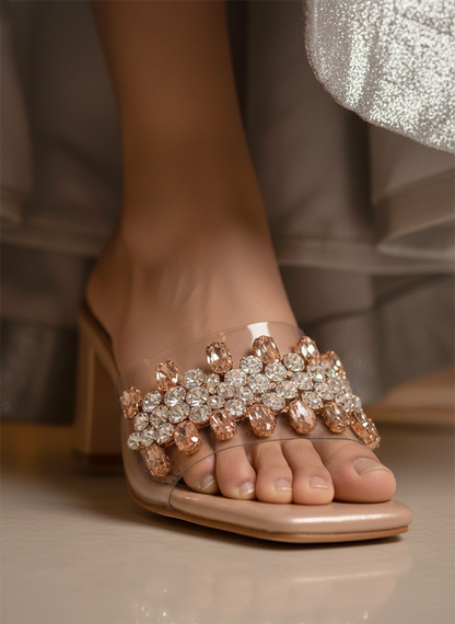 Women’s Rose Gold Crystal Block Heel Sandals