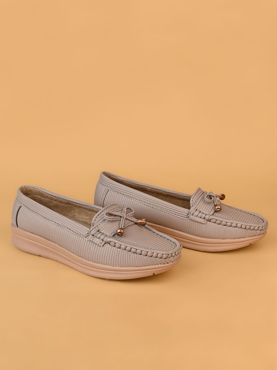Women's Beige Wedge Heel Loafers – Stylish Round Toe Slip-On Belly
