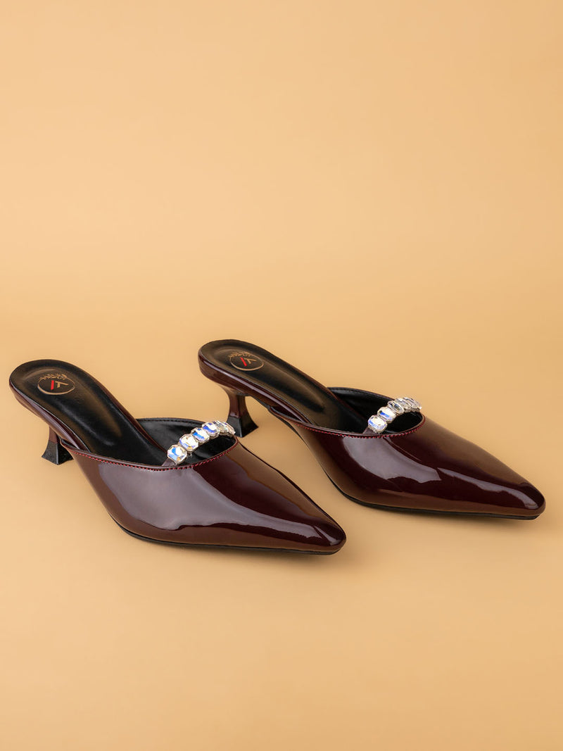 Women’s Burgundy Patent Embellished Heeled Mule – Party Wear Slip-On