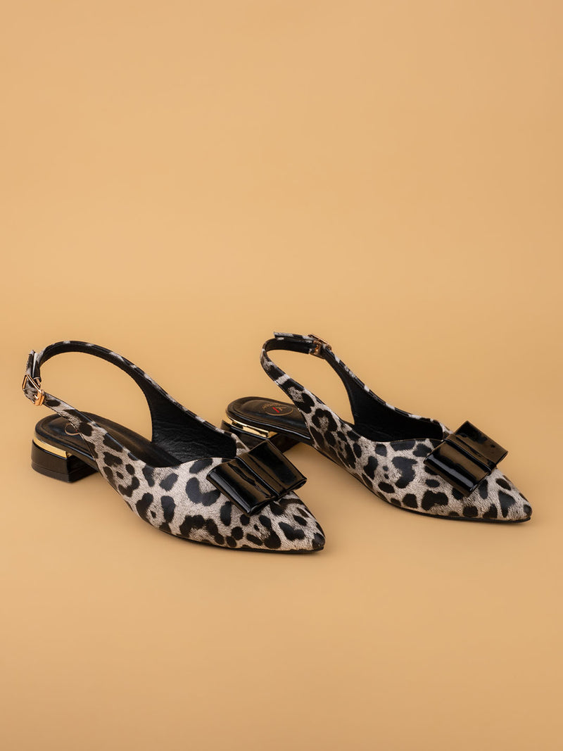 Women’s  Black Leopard Print Slingback Block Heel Sandals with Bow Detail