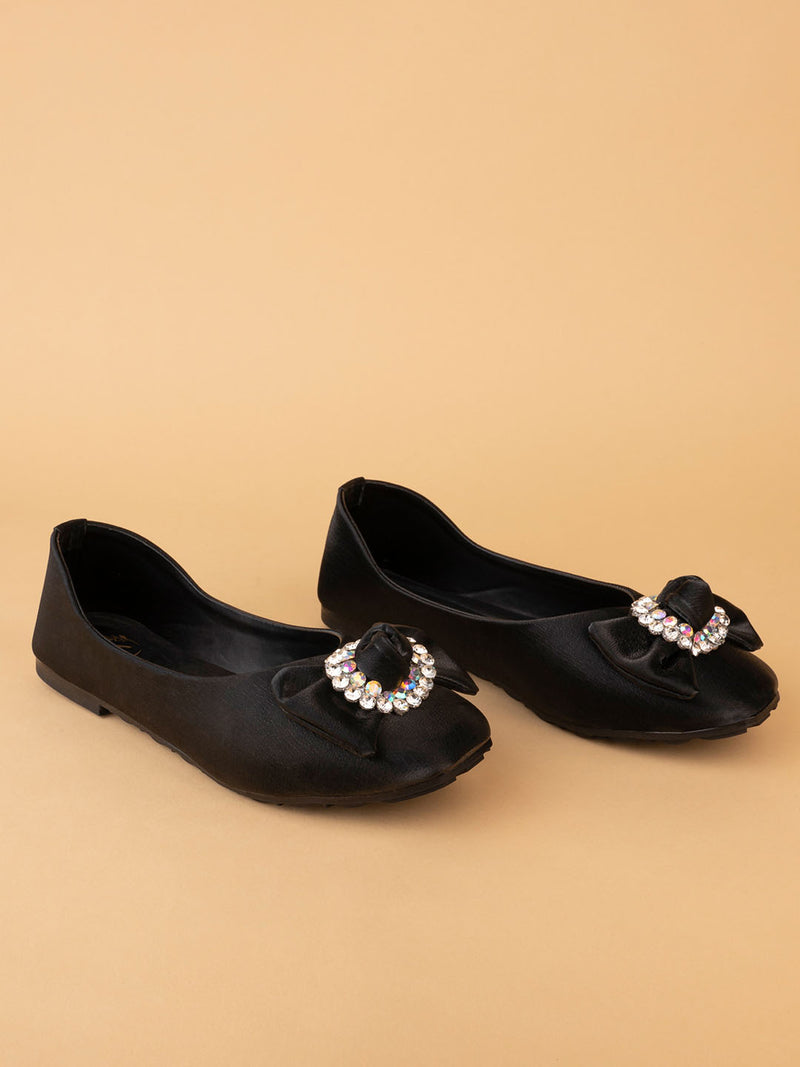 Black Women Ballerina Flats | Stylish Crystal Bow Shoes