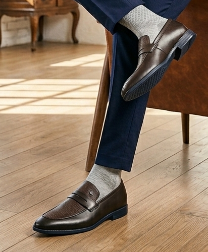 Men Brown &amp; Bordo Textured Leather Slip-On Penny Loafers with TPR Sole