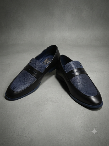 Men Black &amp; Navy Textured Leather Slip-On Penny Loafers with TPR Sole