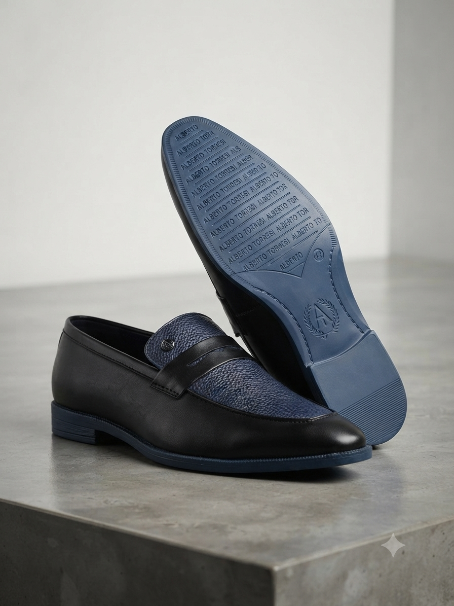 Men Black &amp; Navy Textured Leather Slip-On Penny Loafers with TPR Sole