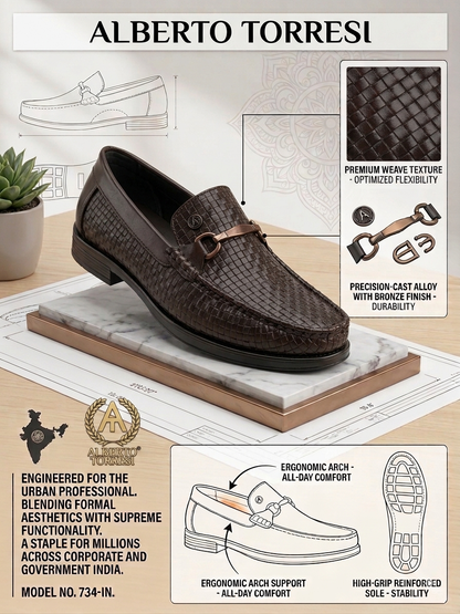 Woven Pattern Brown Faux Leather Slip-On Loafers with Metallic Trim