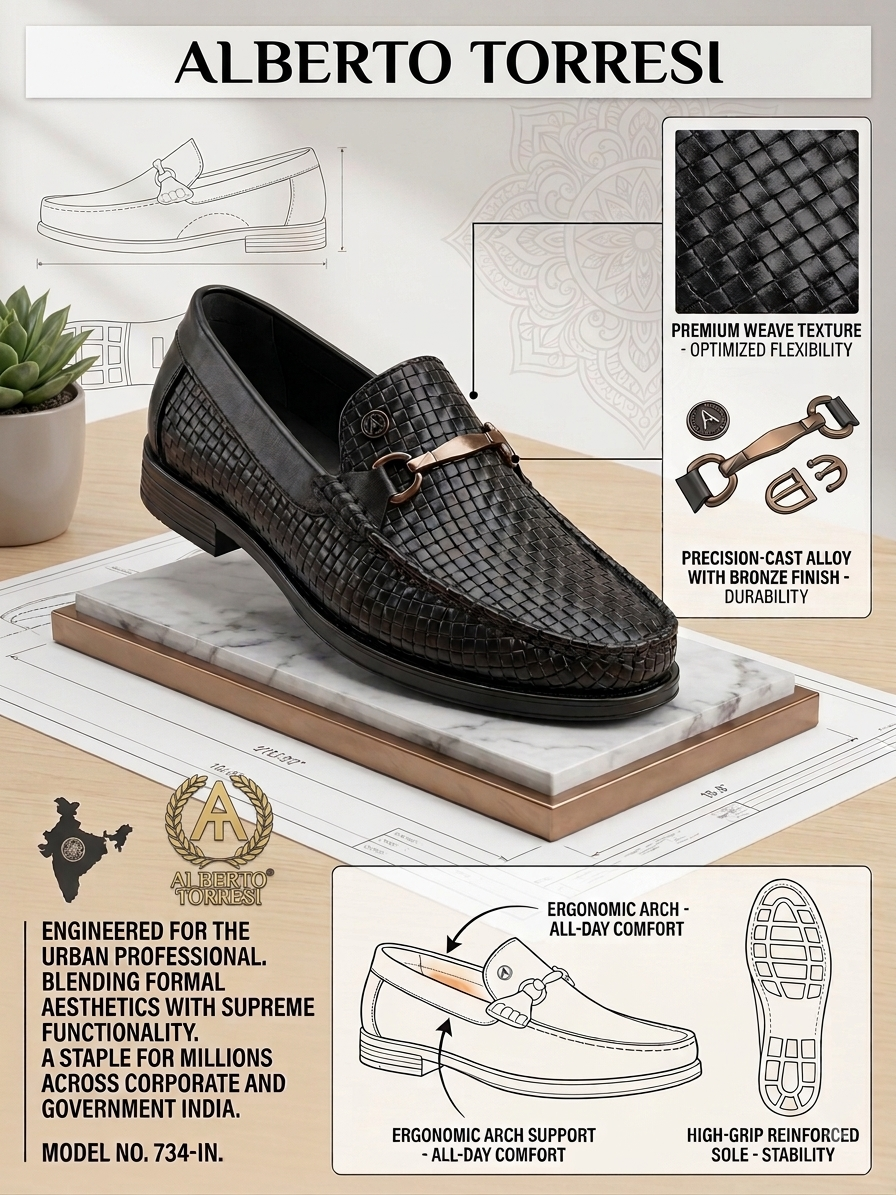 Woven Pattern Black Faux Leather Slip-On Loafers with Metallic Trim