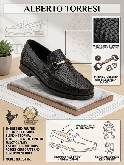 Woven Pattern Black Faux Leather Slip-On Loafers with Metallic Trim