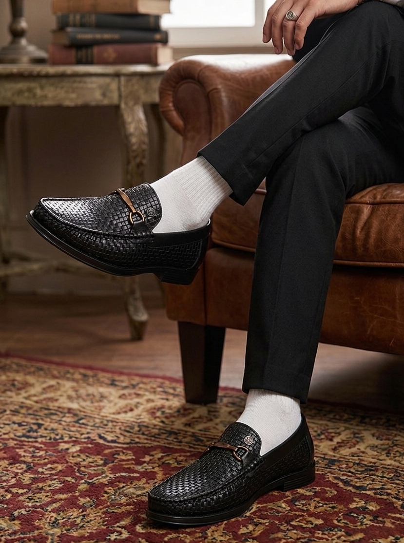 Woven Pattern Black Faux Leather Slip-On Loafers with Metallic Trim