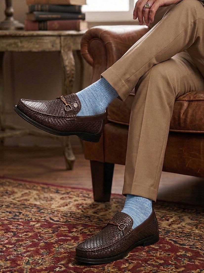 Woven Pattern Brown Faux Leather Slip-On Loafers with Metallic Trim