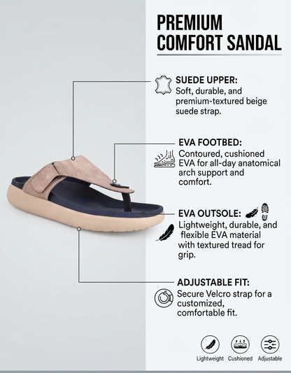 Varello Beige T-Strap Slippers for Men - Adjustable Comfort Slippers for Casual &amp; Everyday Wear