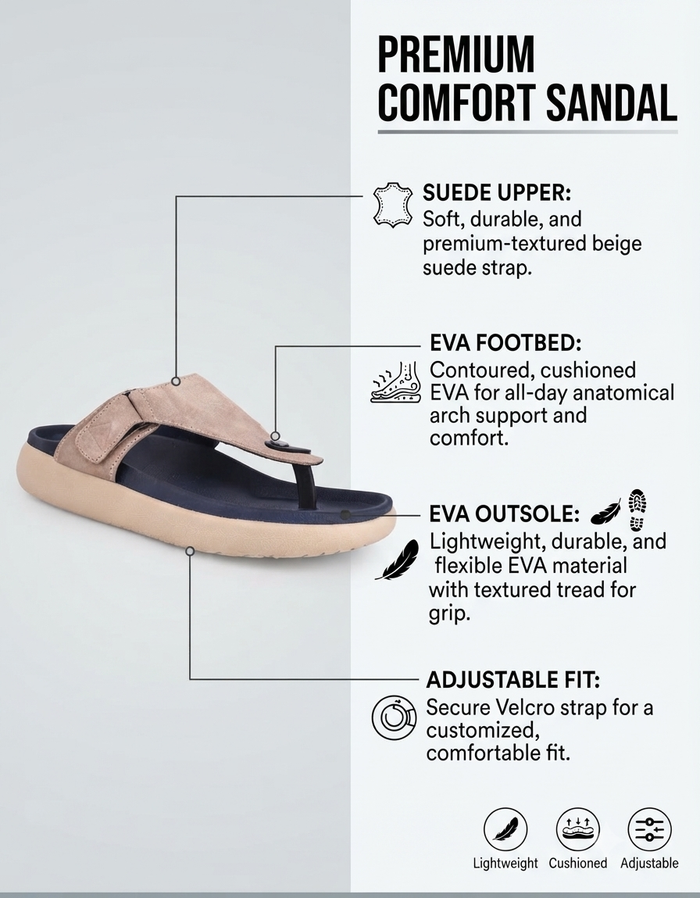 Varello Beige T-Strap Slippers for Men - Adjustable Comfort Slippers for Casual & Everyday Wear